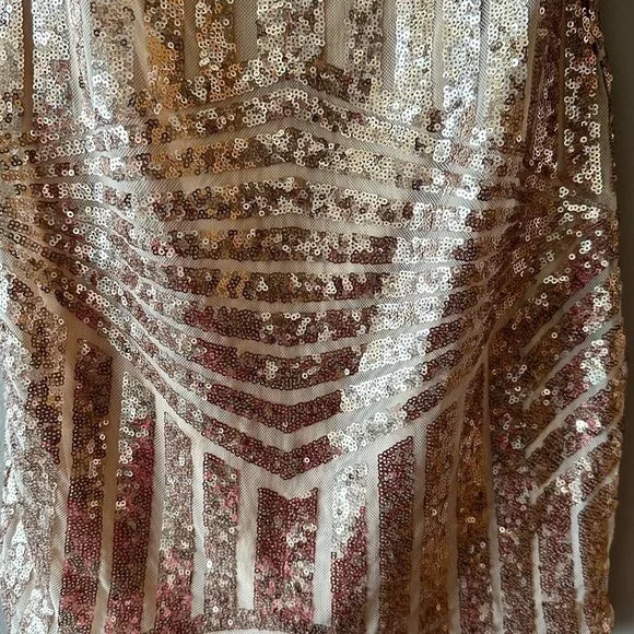 Women's S Fashion Nova Rose Gold Body-con Sequin Dress Strapless Fitted Bodycon - Picture 5 of 8